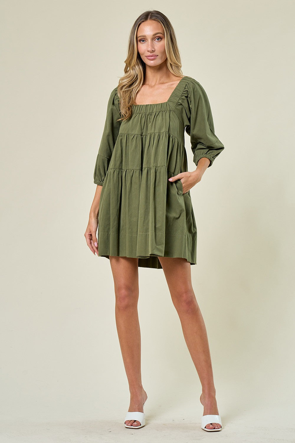 Olive Color Babydoll Dress with pockets