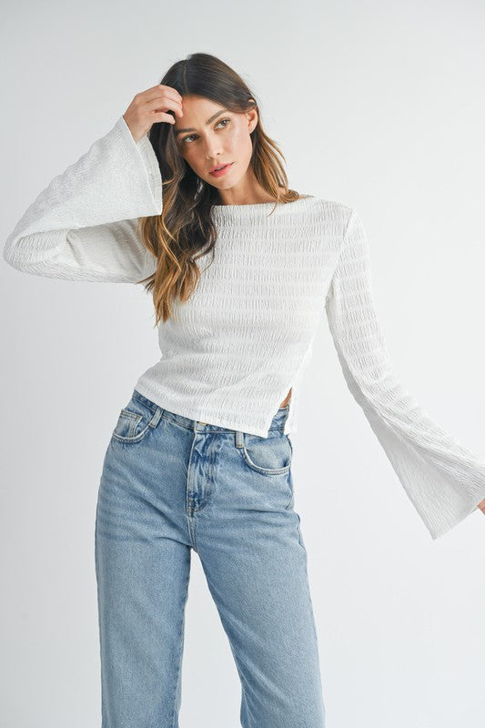 Textured Bell Sleeve Boat Neck Top