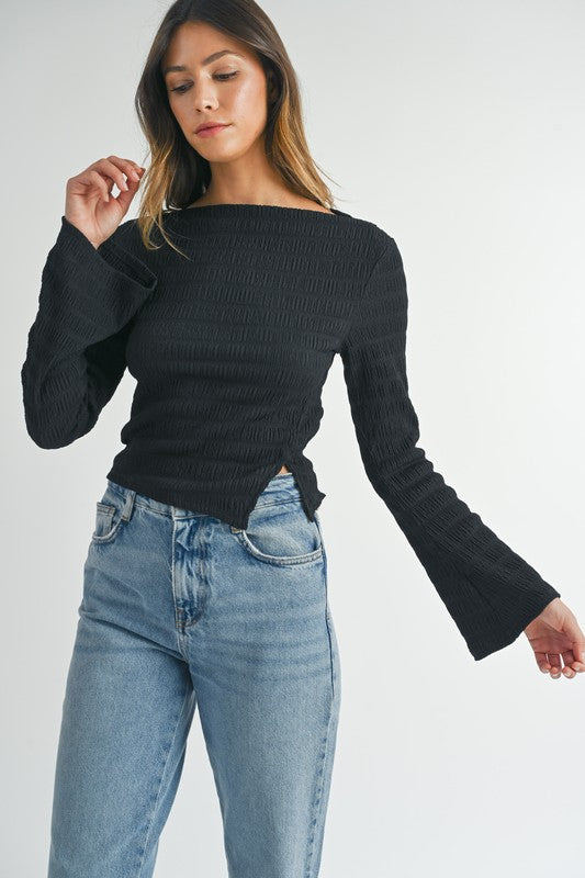 Textured Bell Sleeve Boat Neck Top