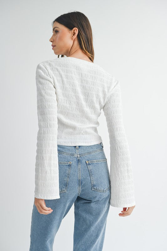 Textured Bell Sleeve Boat Neck Top