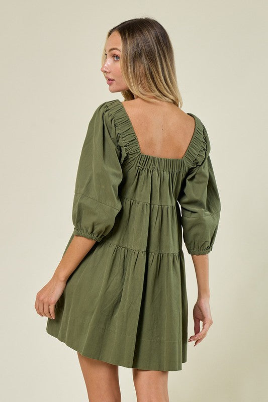 Olive Color Babydoll Dress with pockets