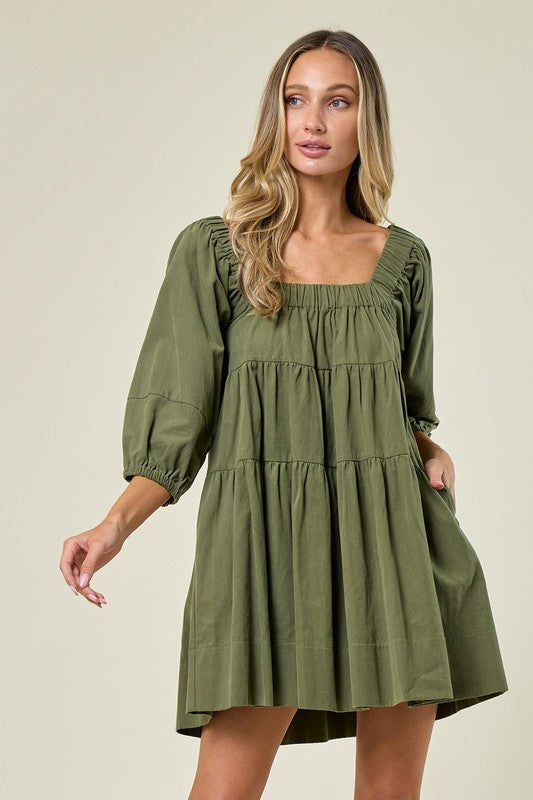 Olive Color Babydoll Dress with pockets