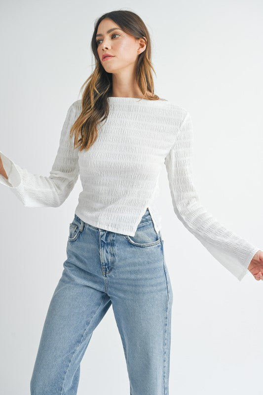 Textured Bell Sleeve Boat Neck Top